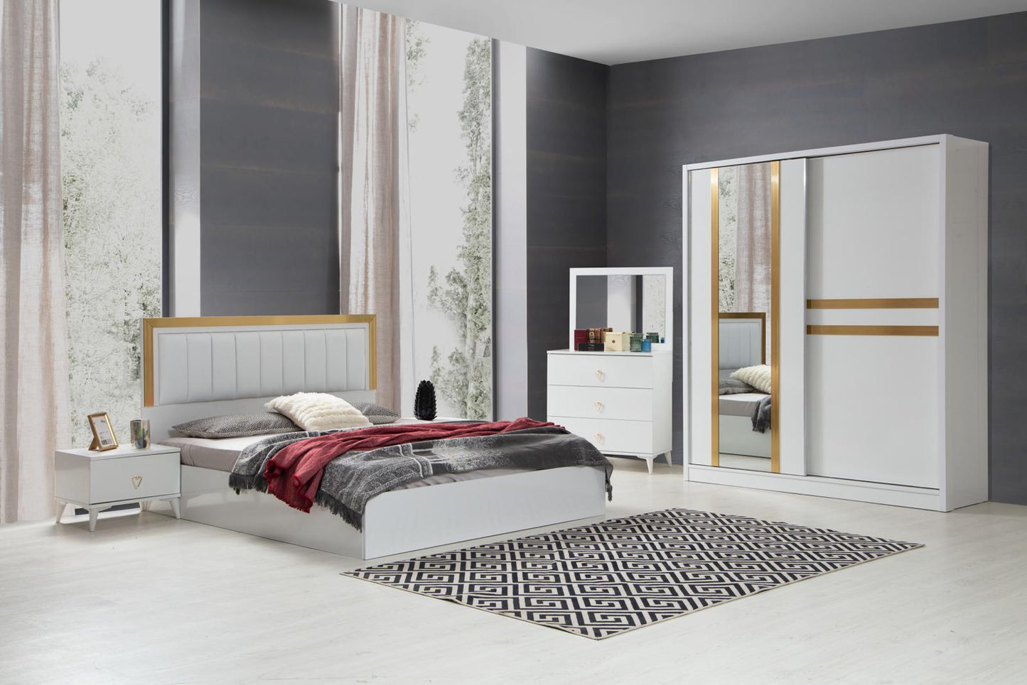 Chambre à coucher complète blanche et dorée - Élégance et raffinement