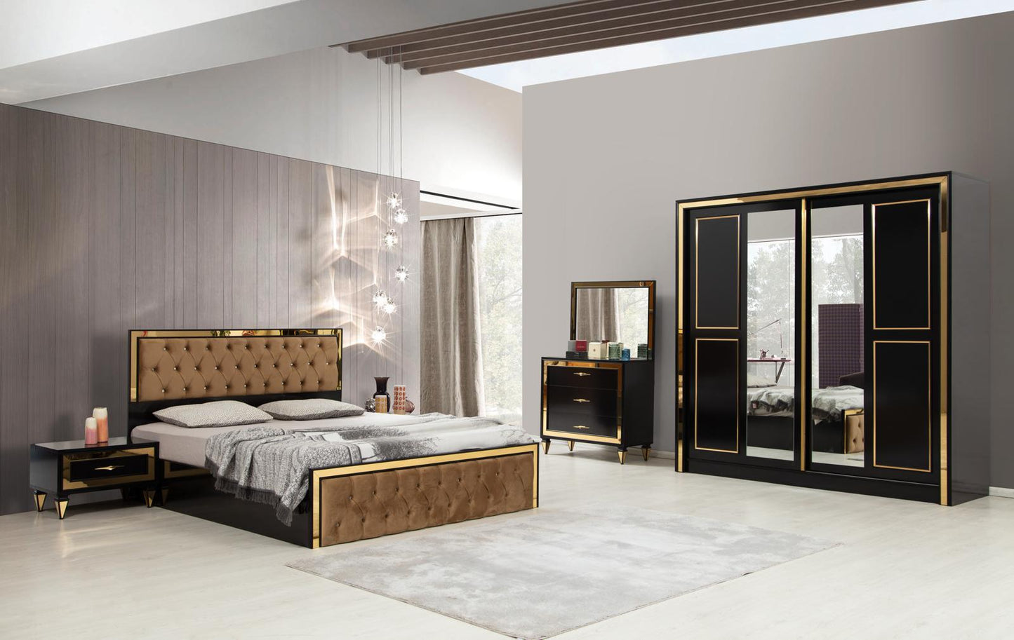 Chambre à coucher complète noire et dorée avec capitonnage - Luxe et prestige