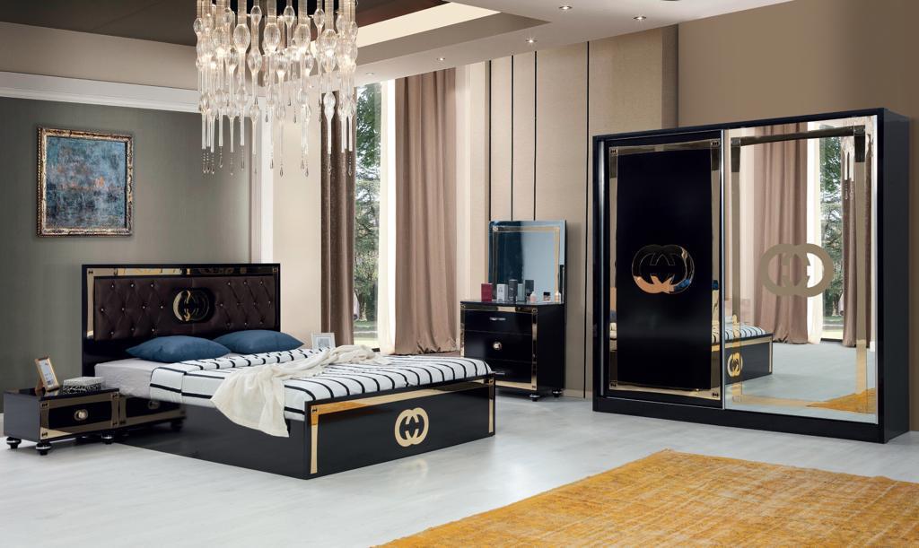 Chambre à coucher GUCCI complète noire et dorée - Inspiration Prestige