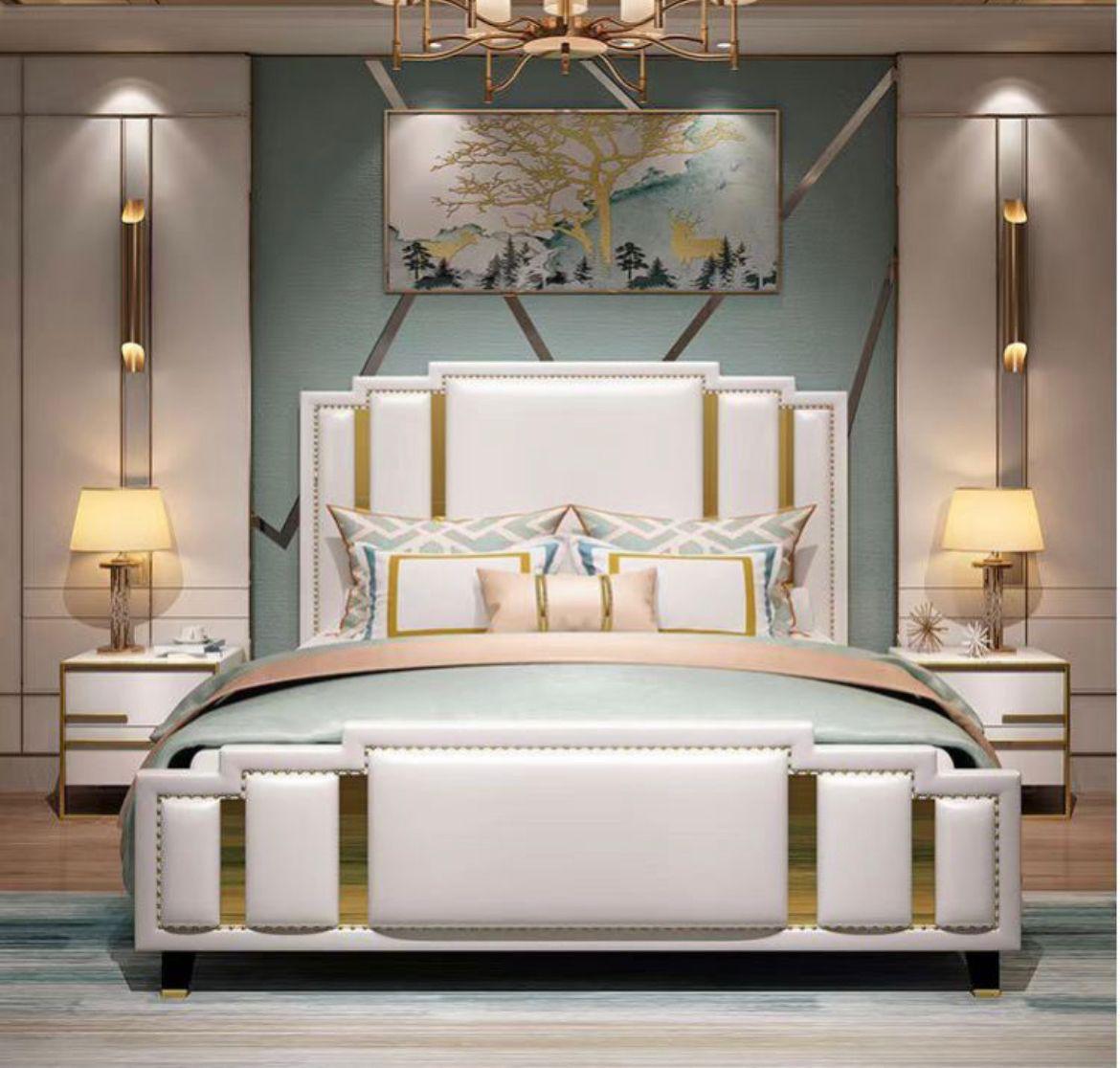 Lit double design blanc et doré - Prestige et modernité