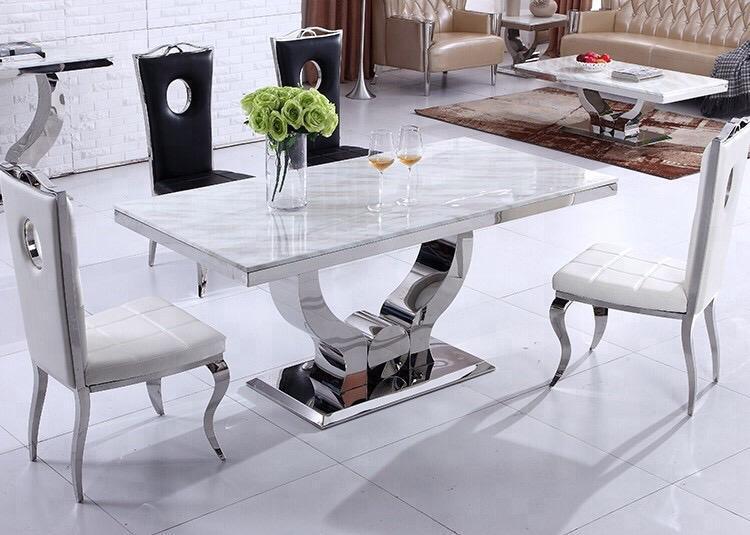 Ensemble table à manger effet marbre et chaises en cuir - Luxe intemporel