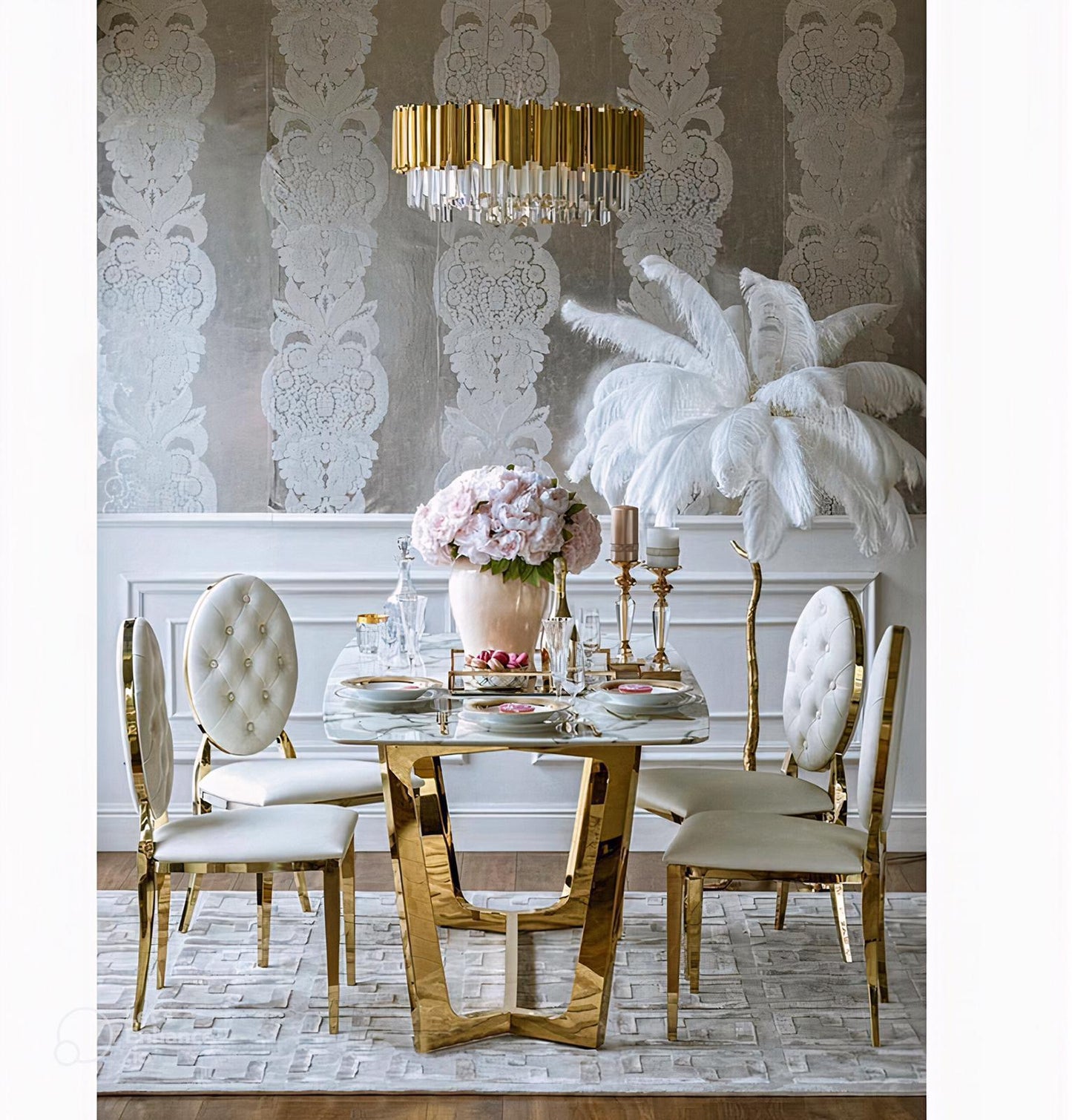 Ensemble table à manger effet marbre et chaises médaillon dorées - Luxe royal