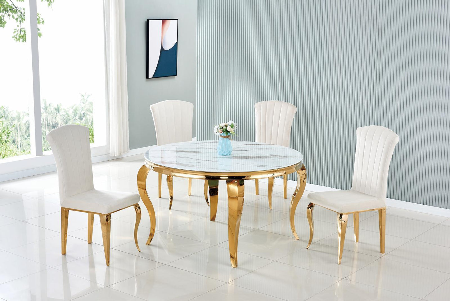 Ensemble table à manger ronde effet marbre et chaises en velours blanc - Élégance dorée