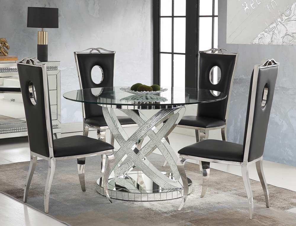 Ensemble table à manger ronde en verre et chaises noires avec dossier ajouré - Design contemporain luxueux