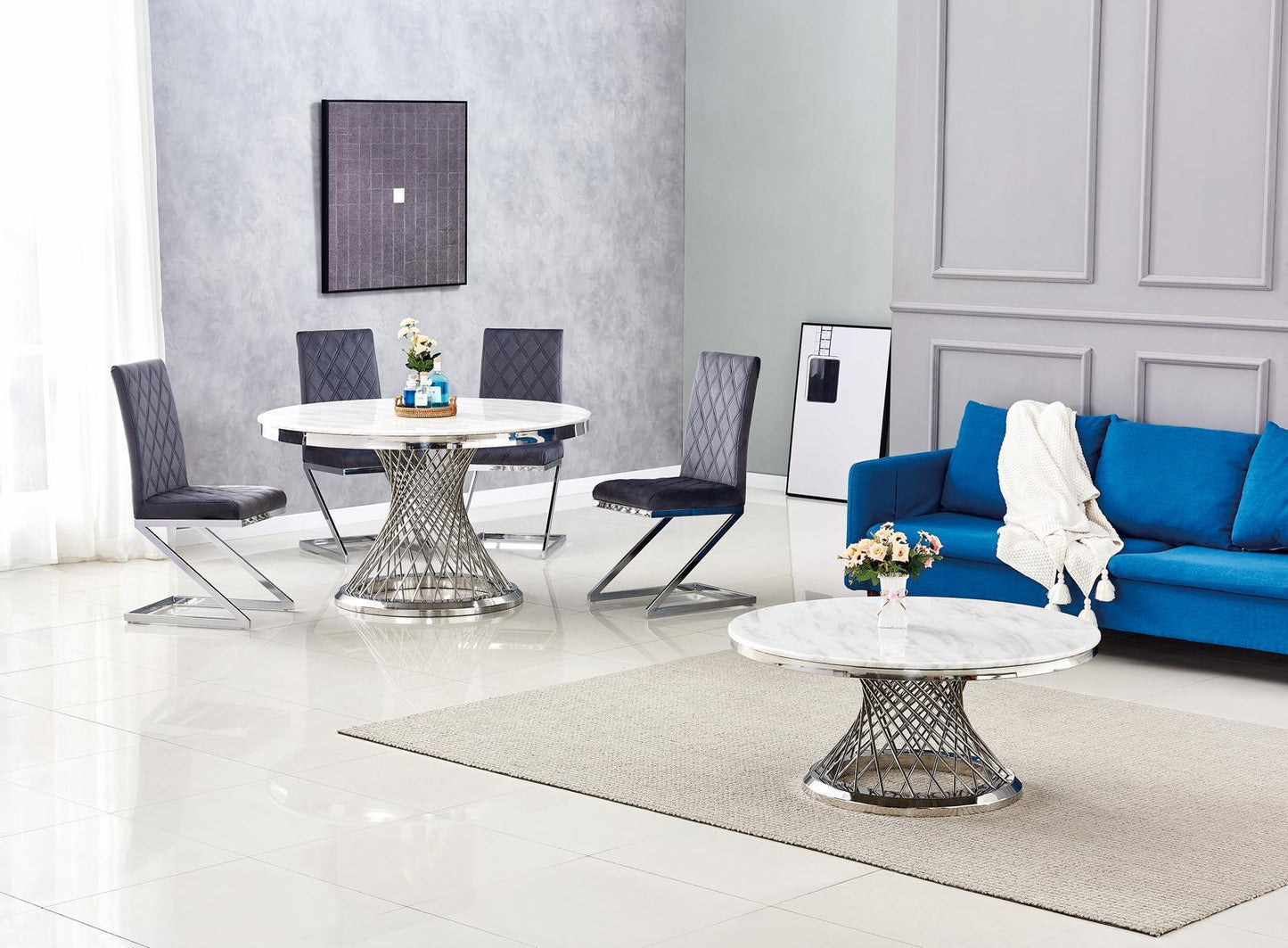 Ensemble table à manger ronde en marbre et chaises modernes en acier chromé - Design contemporain