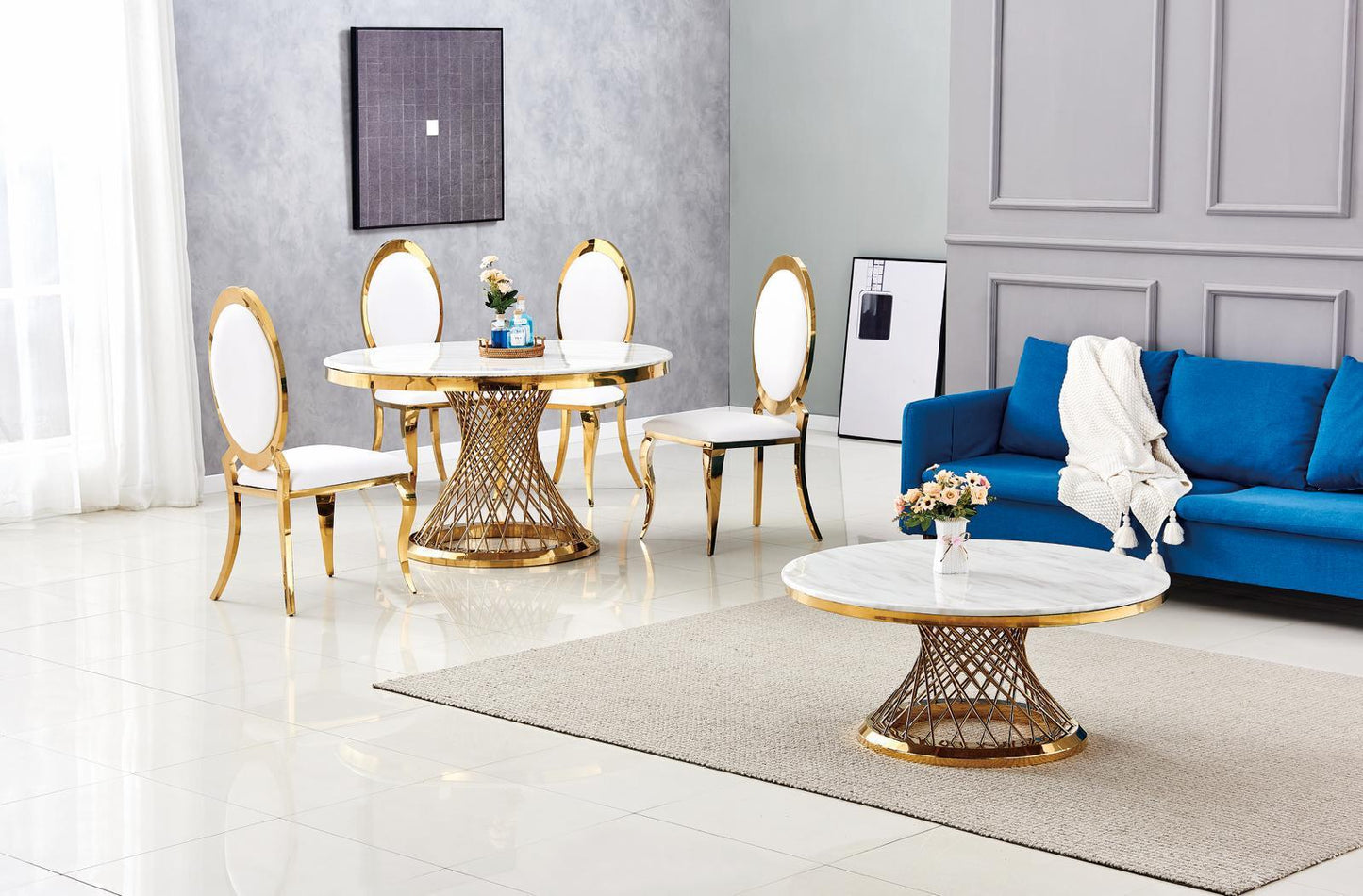 Ensemble table à manger ronde en marbre blanc et chaises dorées - Luxe et élégance