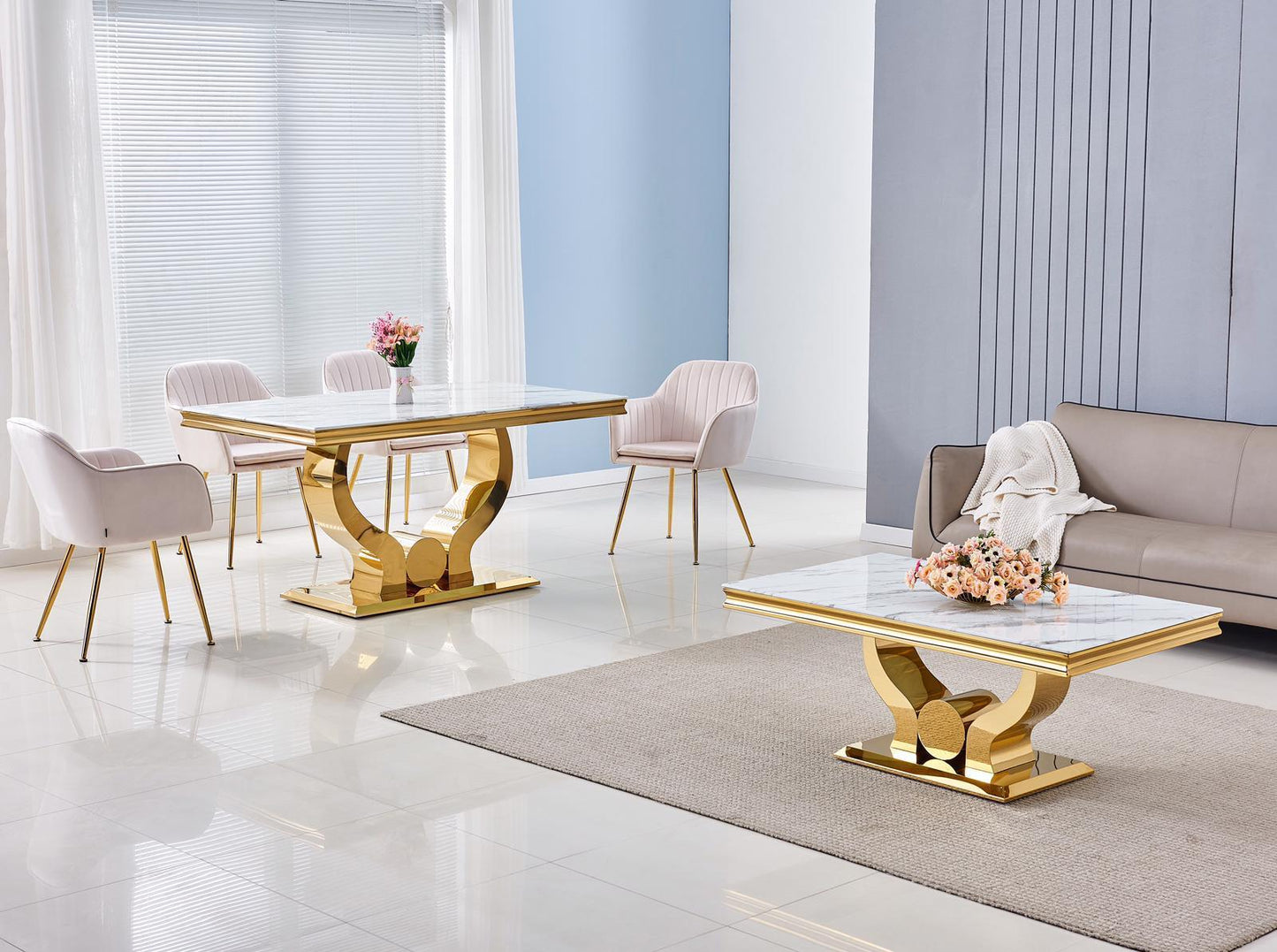 Ensemble table à manger rectangulaire en marbre blanc et chaises en velours rose avec pieds dorés
