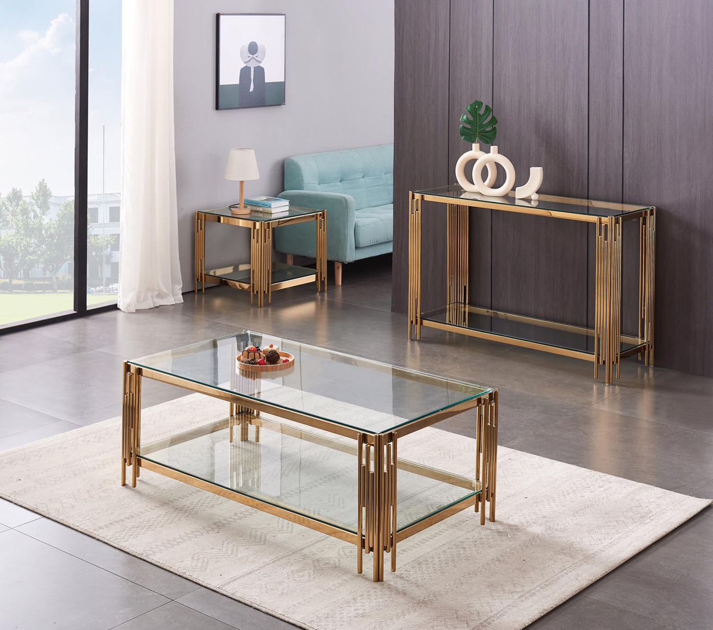 Table basse en verre trempé avec structure dorée – Élégance et modernité