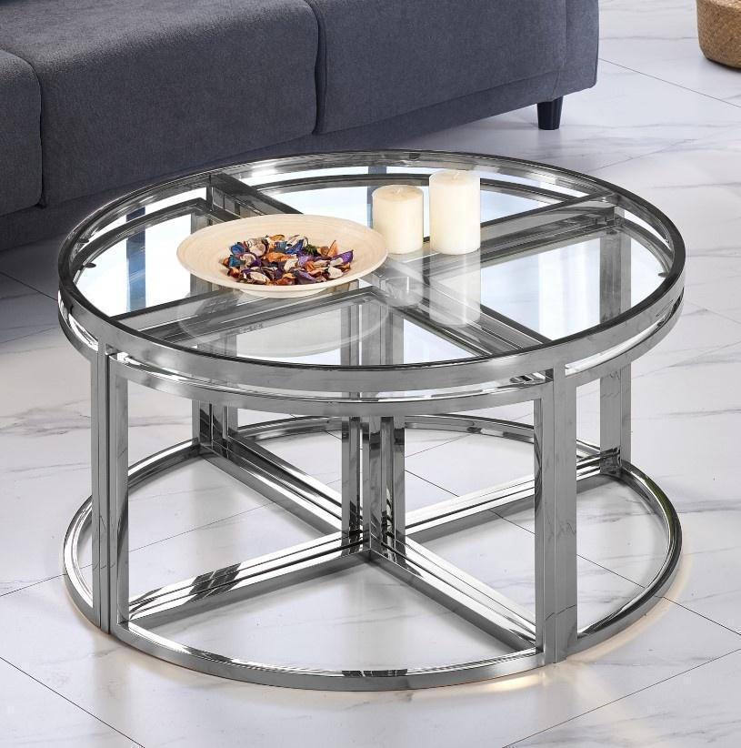 Table basse ronde en verre avec tables gigognes intégrées - Design moderne et fonctionnel