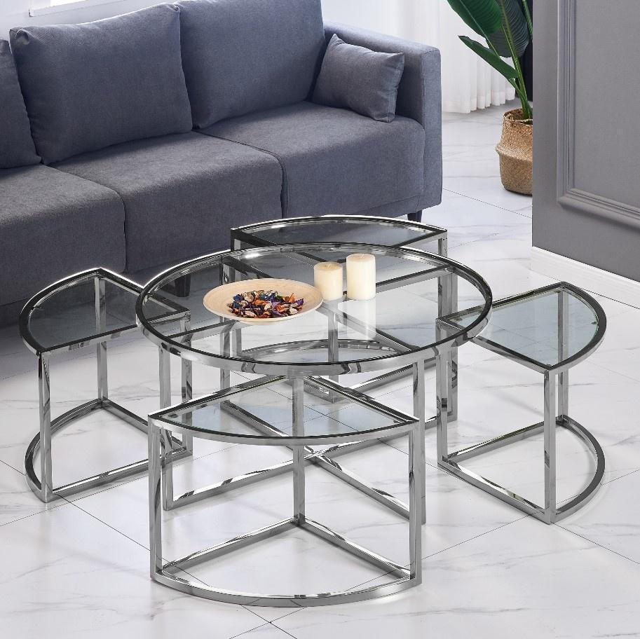 Table basse ronde en verre avec tables gigognes intégrées - Design moderne et fonctionnel