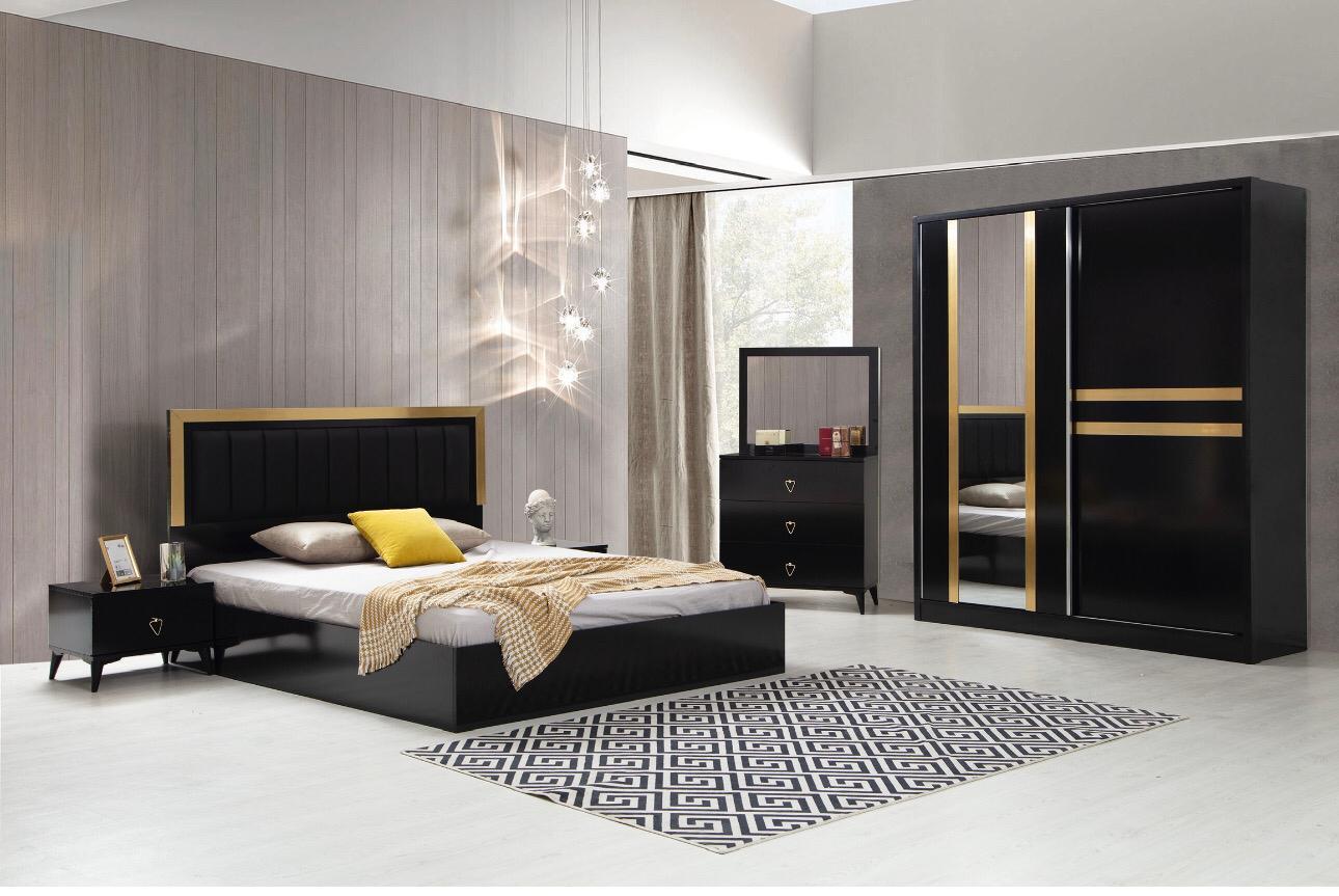 Chambre à coucher complète noire et dorée - Design Luxueux